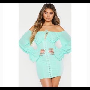 Mint Chiffon Sleeve Hook & Eye Bodycon Dress